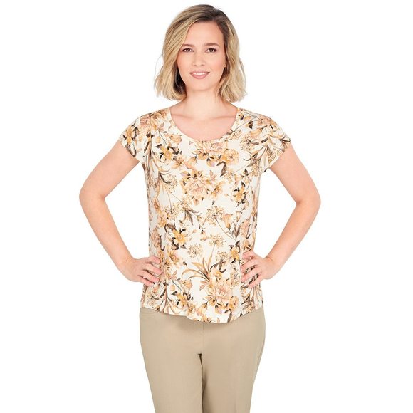 Emaline Floral Print Cap Sleeve Blouse - Beige 1X - Women's Tops - Picture 1 of 1